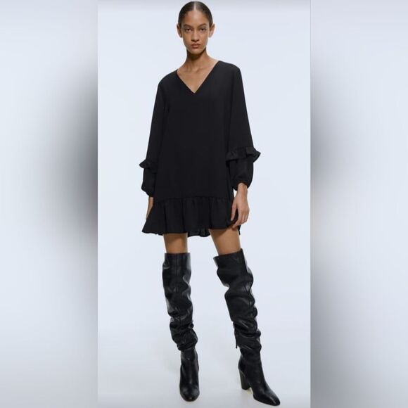 Zara Black Ruffle Dress Size M - Picture 1 of 7